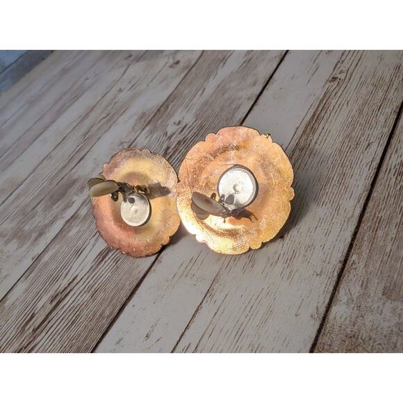 Vintage Clip On Earrings - 1.5" Large Statement Copper Tone with Faux Pearl - Picture 6 of 7